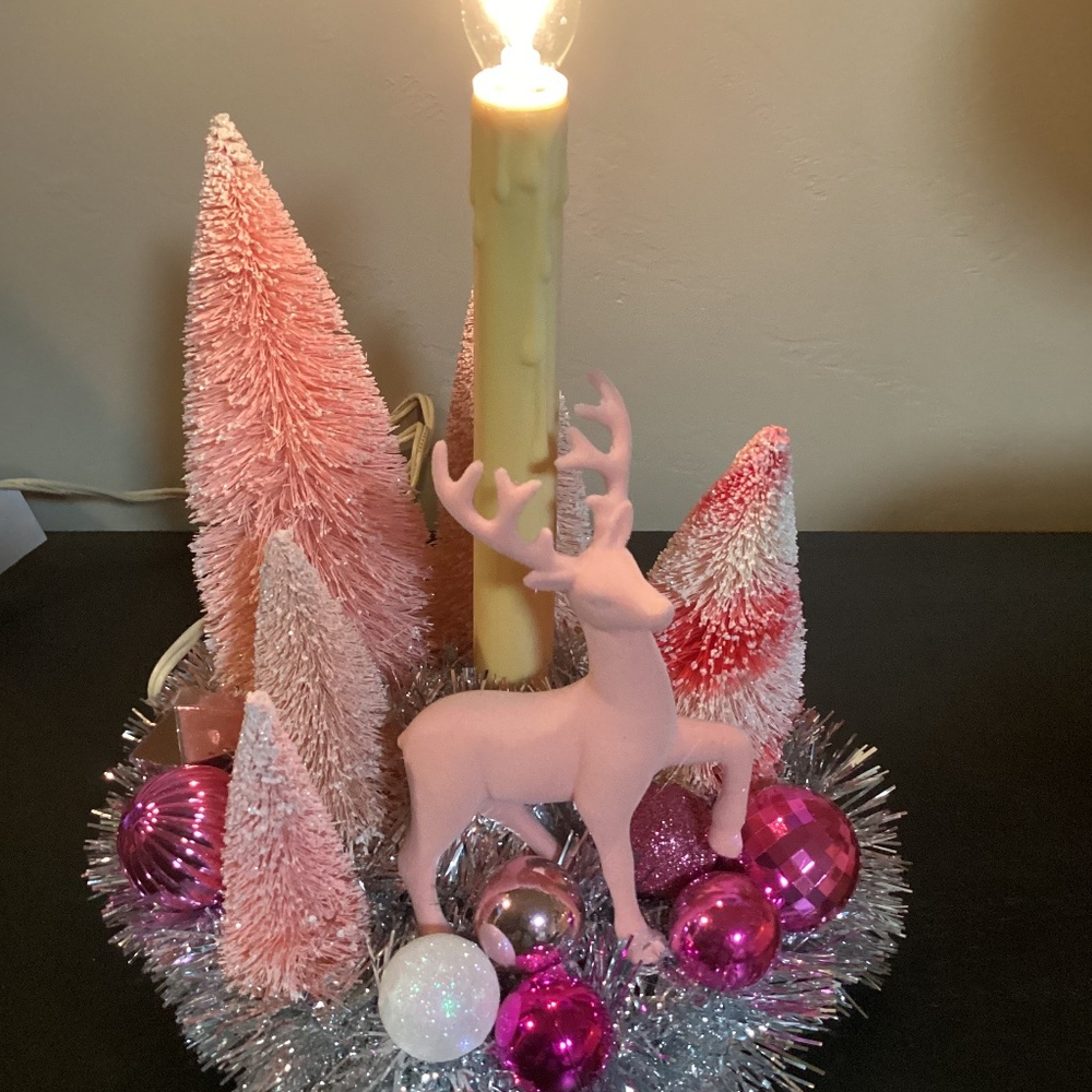 Vintage Electric Light Candolier Christmas Candle. Decorated with Pink items